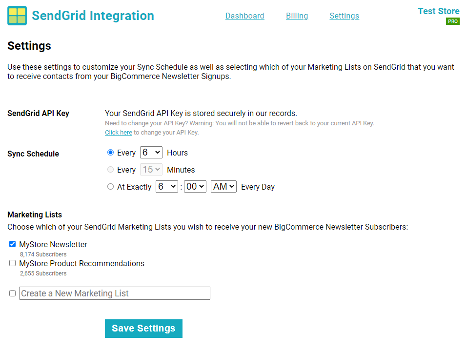 SendGrid Integration App Settings